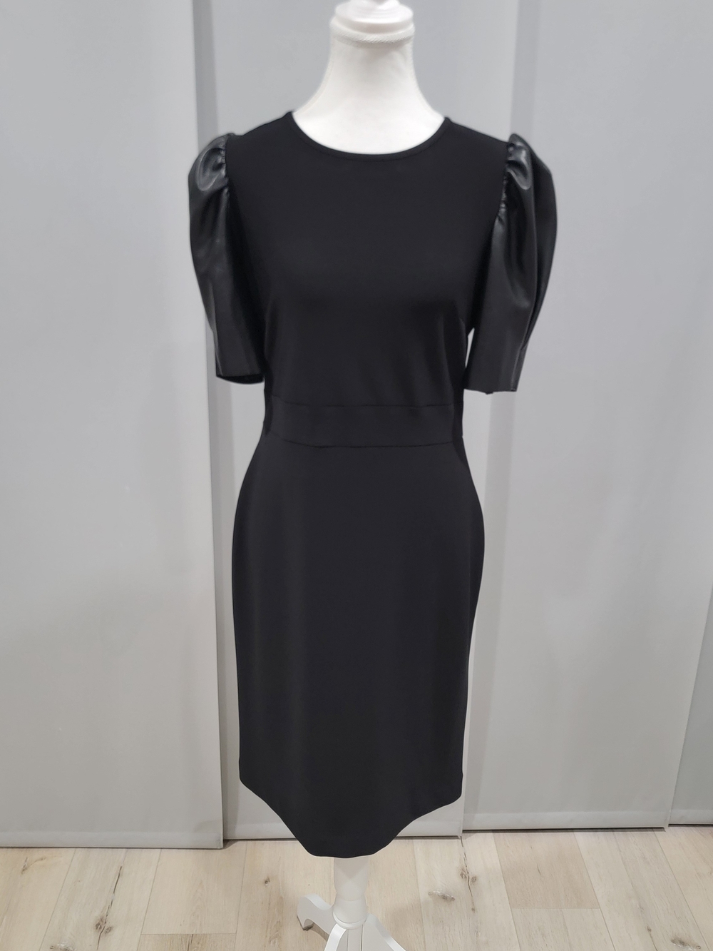 Joseph Ribkoff Black Midi Dress with Puff Leather Sleeves